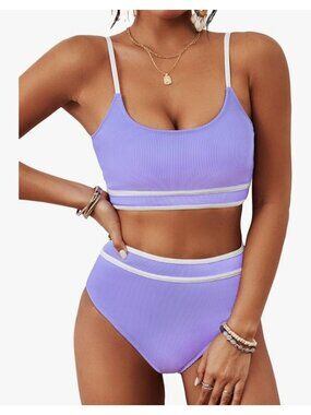 Womens Large Ribbed High Waisted Two-Piece Bikini Swimsuit with Adj Straps Lilac